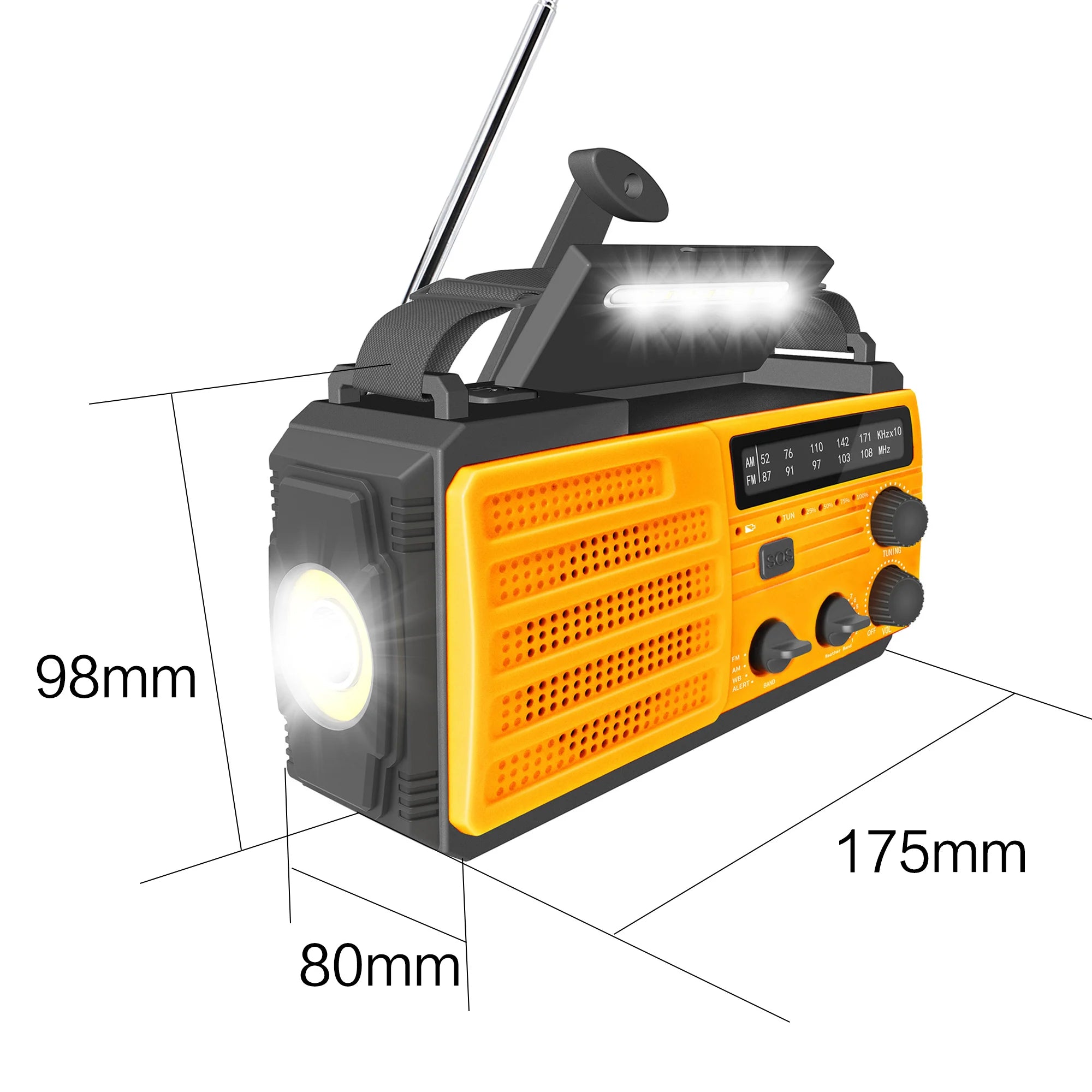 Emergency Weather Radio — FM/AM/WB, Hand Crank Solar, 2000mAh Power Bank & LED Flashlight
