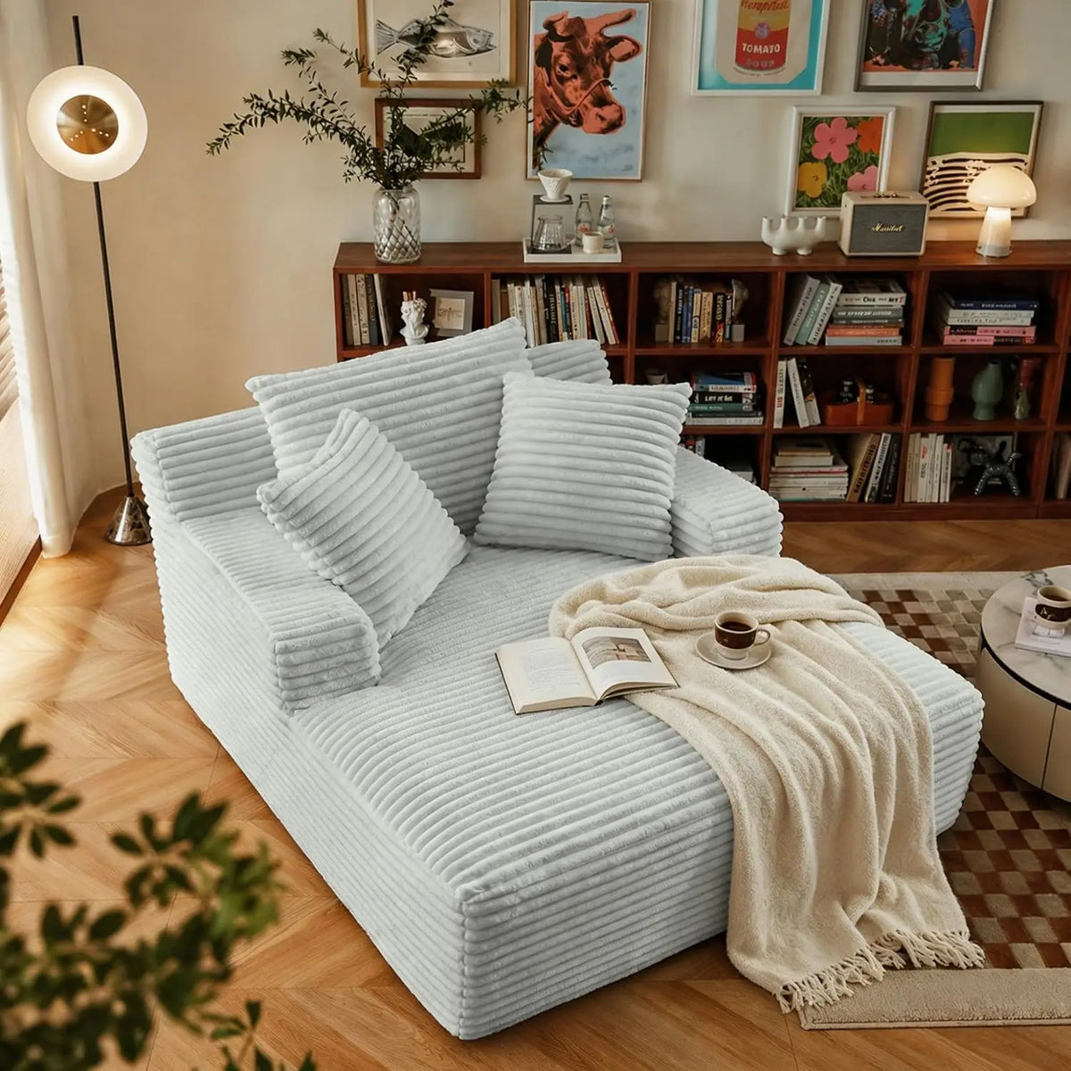 66-Inch Corduroy Chaise Lounge with 3 Pillows