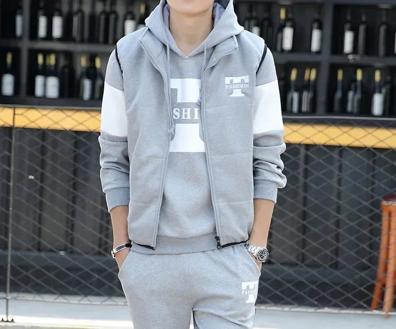 Men's 3-Piece Winter Tracksuit – Hoodie, Vest & Pants Thick Warm Set