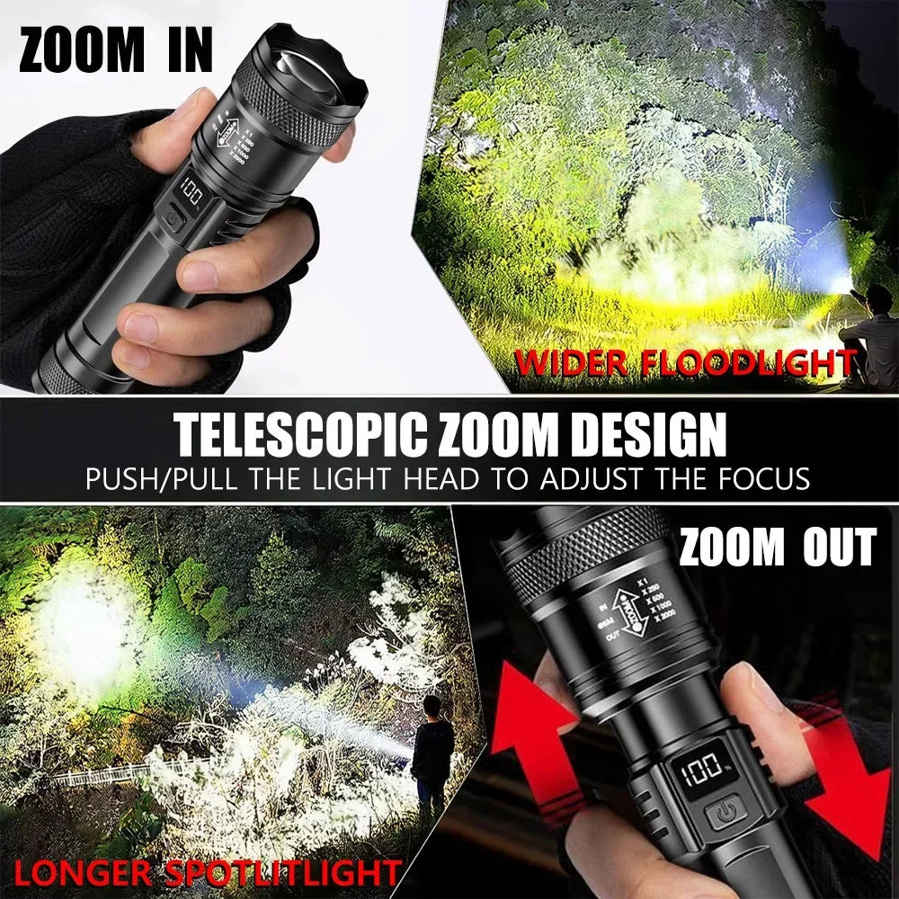 Rechargeable LED Flashlight – 800 Lumen, Zoomable, LCD Display, 3 Modes, Waterproof Camping Torch