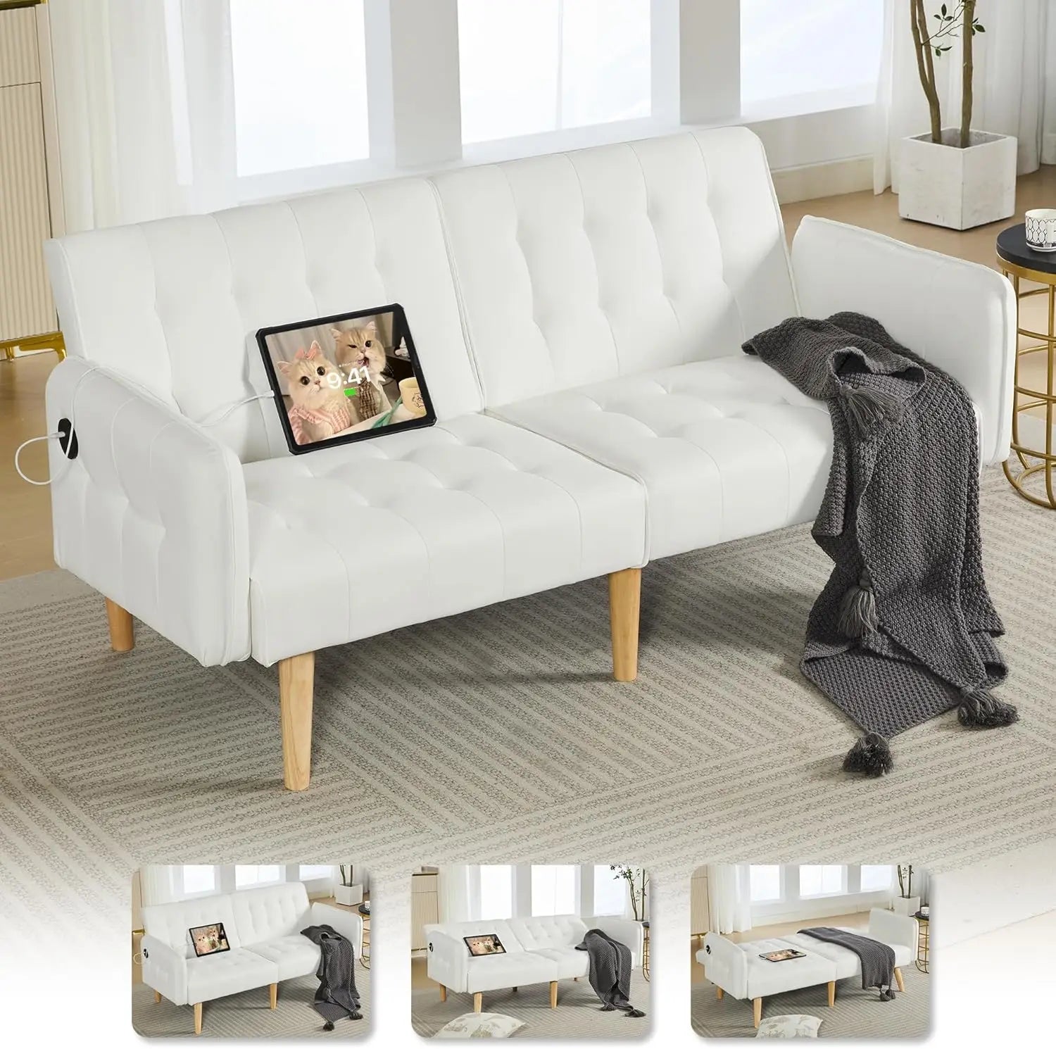 Sofa, Bed & Charging Station in One — TYBOATLE 65" Futon Sofa Bed | 2 USB Ports, Tufted Linen, Adjustable Loveseat for Small Spaces