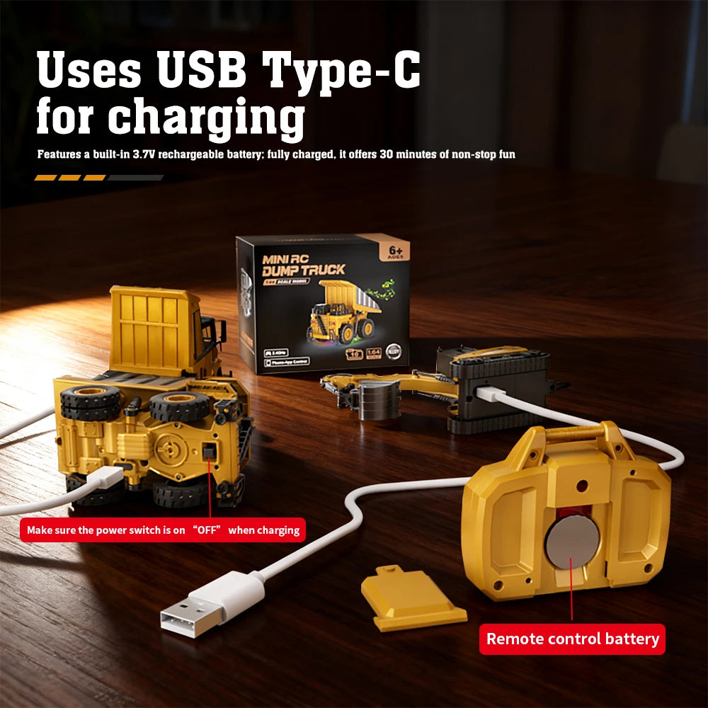 1:64 Mini RC Crane & Forklift 2-in-1 – Bluetooth Alloy Toy Car with Trailer