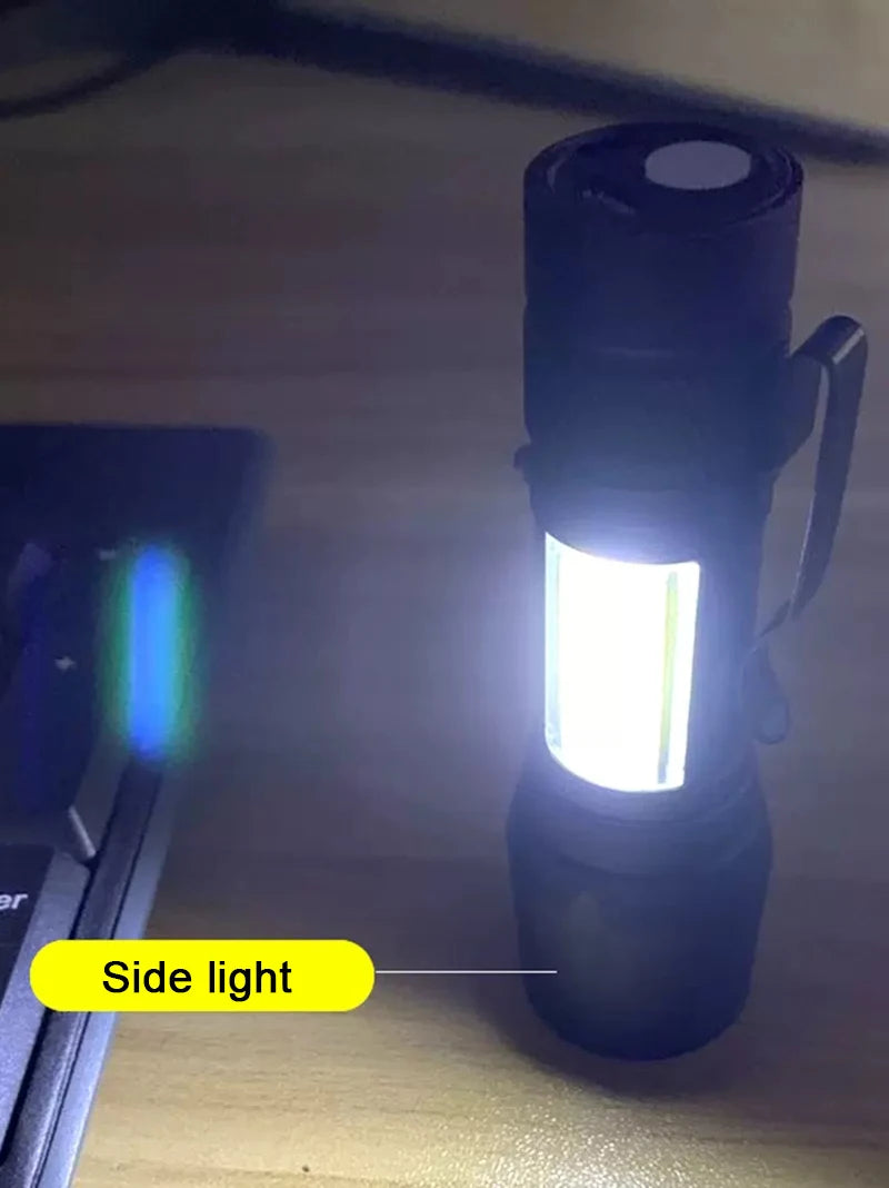 Mini COB+XPE LED Flashlight – USB Rechargeable, Zoomable, 3 Modes with Pocket Clip for Camping & EDC