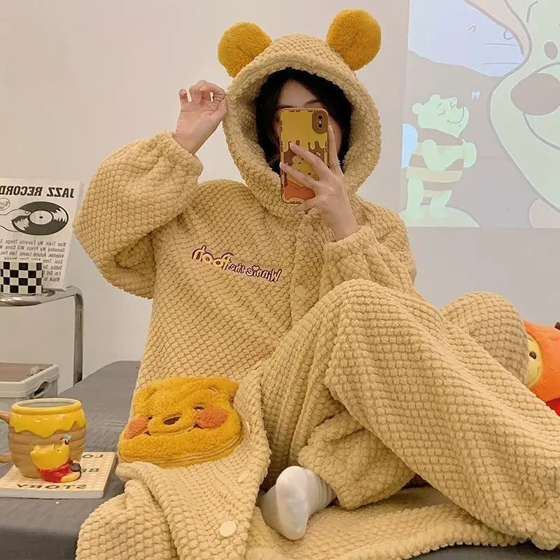 Women's Kawaii Coral Velvet Hooded Pajamas | Thickened Flannel Casual Homewear Suit