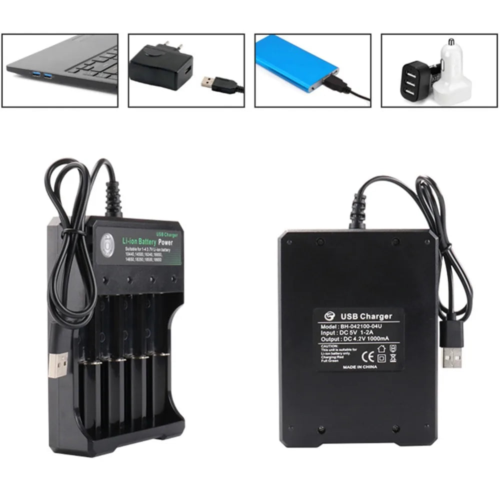 USB Li-ion Battery Charger – 2, 3 or 4 Slot Independent Charging for 18650, 18350 & 18500 Batteries