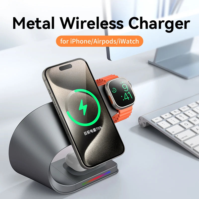 4-in-1 Metal Magnetic Wireless Charging Station 15W – iPhone 12–17, Apple Watch & AirPods