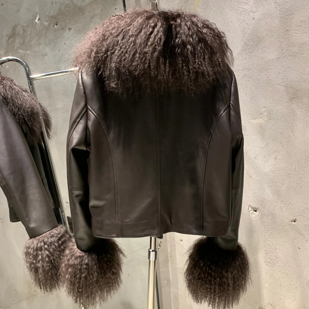 Fox Fur Collar Leather Jackets Women Autumn Luxury Natural Fox Fur Leather Jackets with Long Sleeve