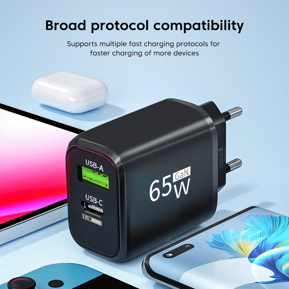 65W in Your Pocket. — 65W GaN USB-C Fast Charger | PD Power Adapter, Quick Charge 3.0, iPhone 15, Samsung, Xiaomi, POCO, OnePlus