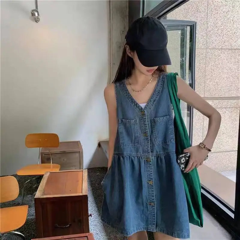 Sleeveless Denim Mini Dress — Korean Style Loose A-Line Dress with Pockets