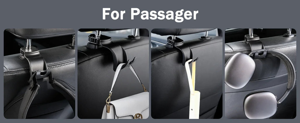 A four-panel product demonstration showing a black car headrest organizer clip holding a shoulder bag strap, a luggage tag, and a pair of sunglasses, with the text 'For Passager' at the top.