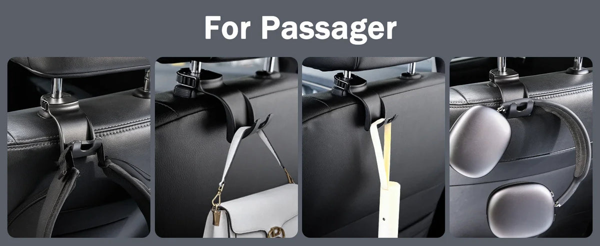 A four-panel product demonstration showing a black car headrest organizer clip holding a shoulder bag strap, a luggage tag, and a pair of sunglasses, with the text 'For Passager' at the top.