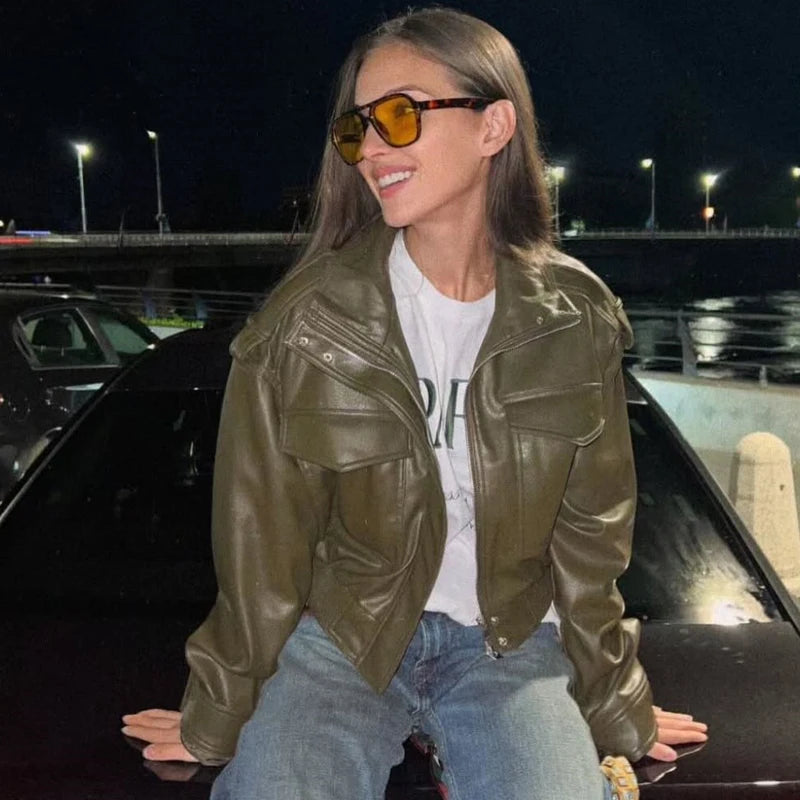 Women's Green Faux Leather Jacket – Zip-Front Streetwear