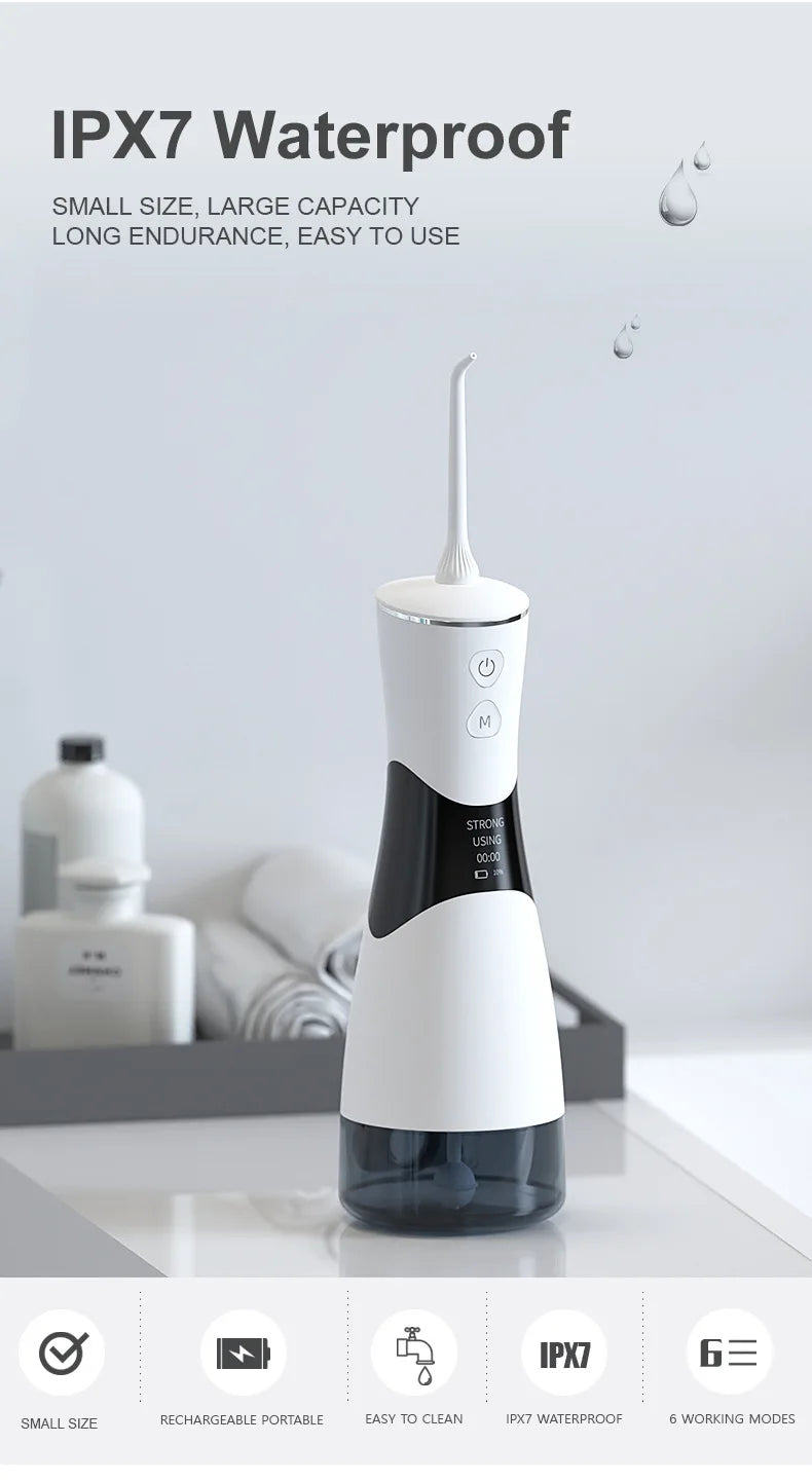 Portable Oral Irrigator – 350ml Tank, 5 Pressure Modes, IPX7, 1800mAh, 5 Nozzles, USB Rechargeable
