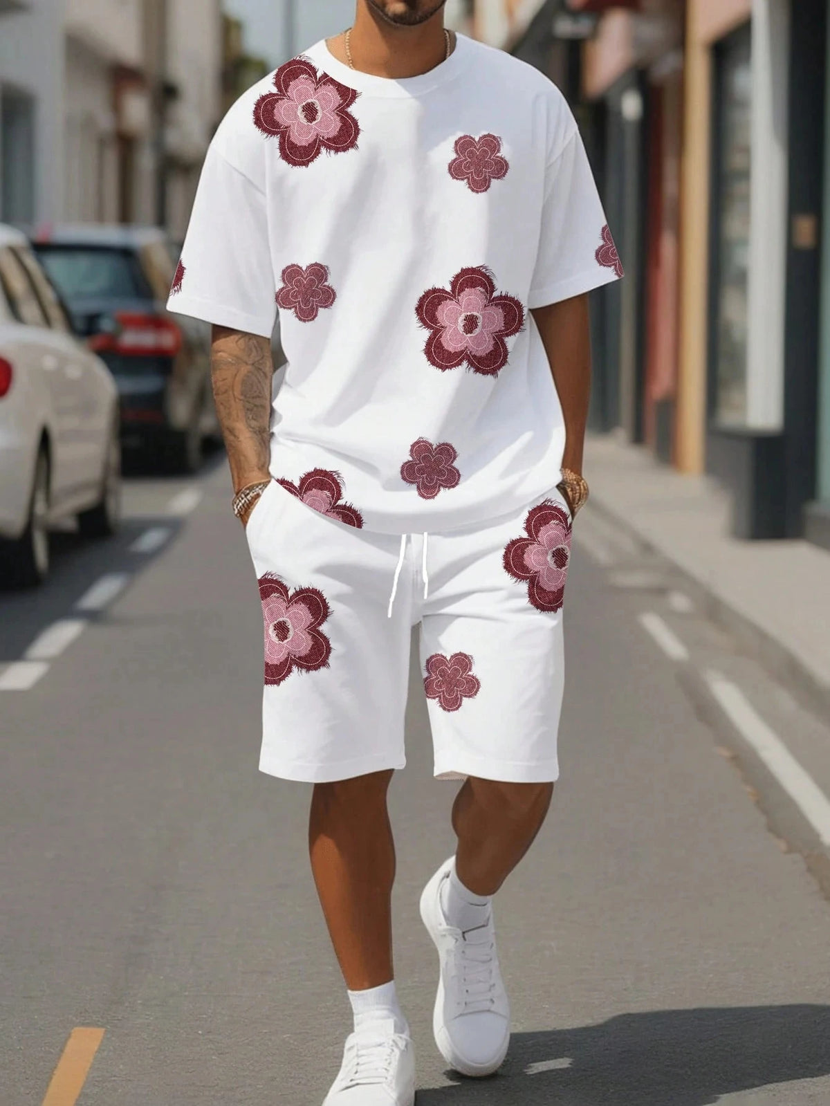Men's Flower Graphic Print T-Shirt & Elastic Waist Shorts Casual Two-Piece Set