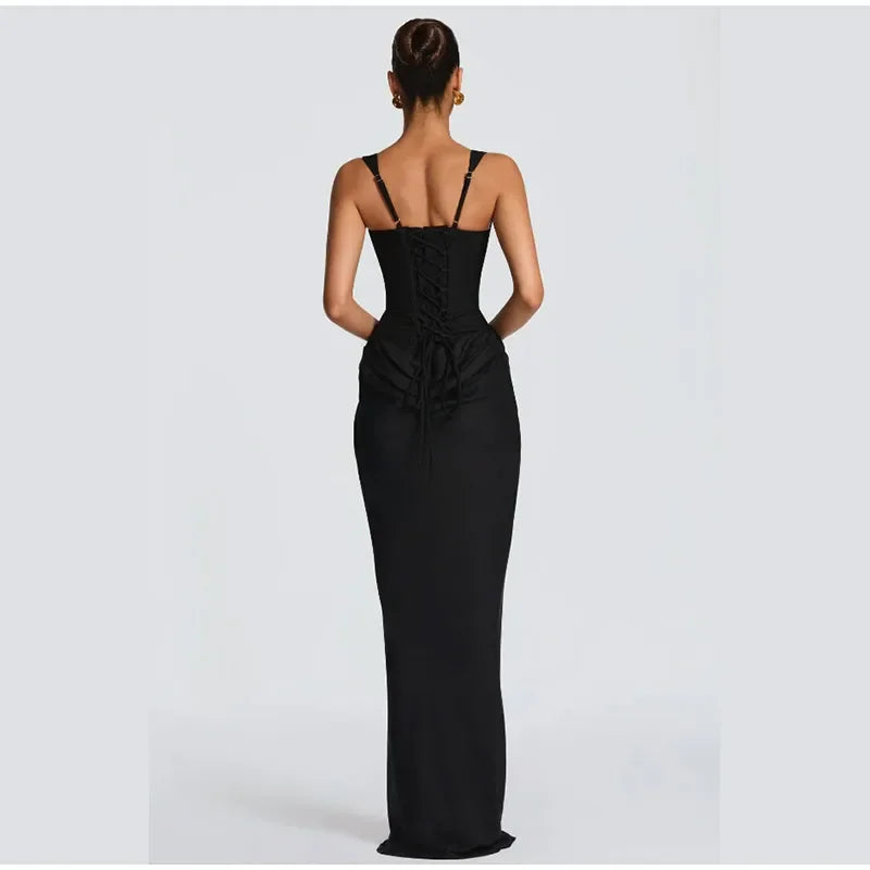 Sexy Strapless Pleated Maxi Dress – Off-Shoulder Backless High Waist Split Evening Party Gown