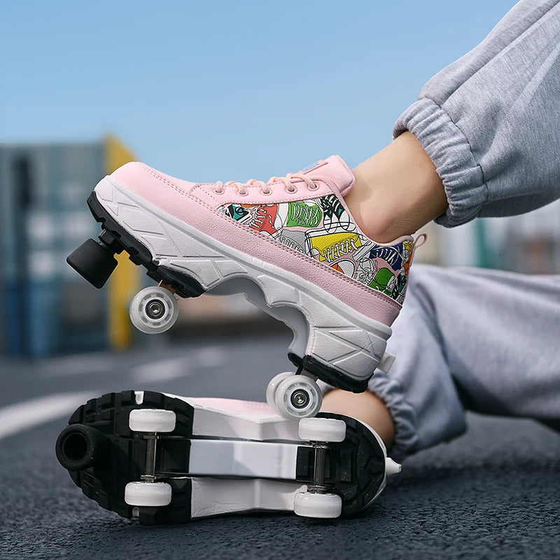 Fashionable 4-Wheel Roller Skate Shoes – Unisex Kids & Adult Outdoor Casual Wheeled Sneakers