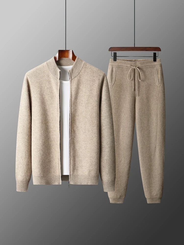 Men's 100% Merino Wool Zip Cardigan & Slim-Fit Pants Set – Warm 2-Piece Winter Suit