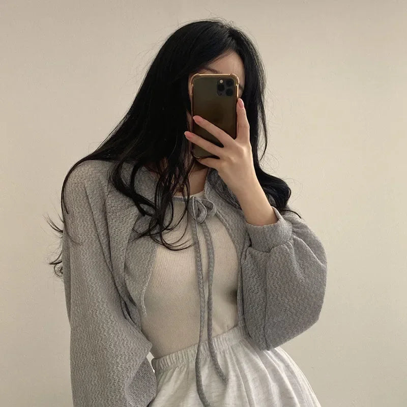 Women's Knitted Cardigan – Thin Lace-Up Lantern Sleeve Short Coat in White, Black & Gray