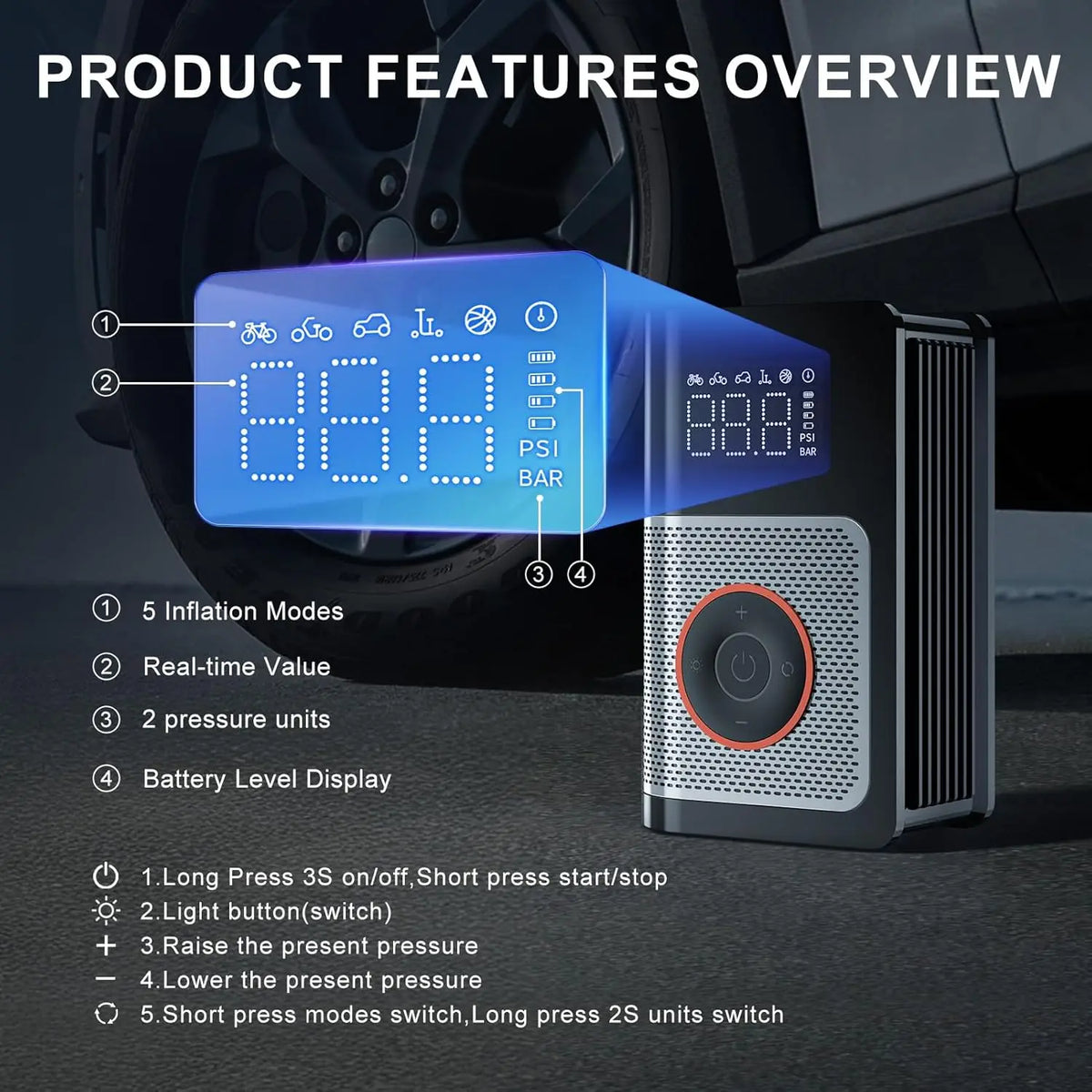 Portable Tire Inflator with Digital Gauge, 160 PSI