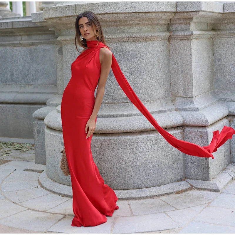 Sexy Satin Halter Backless Party Dress – Off Shoulder Sleeveless Solid Robe Gown 2026