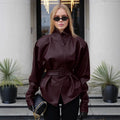 Women's Belted Faux Leather Jacket – Wine Red