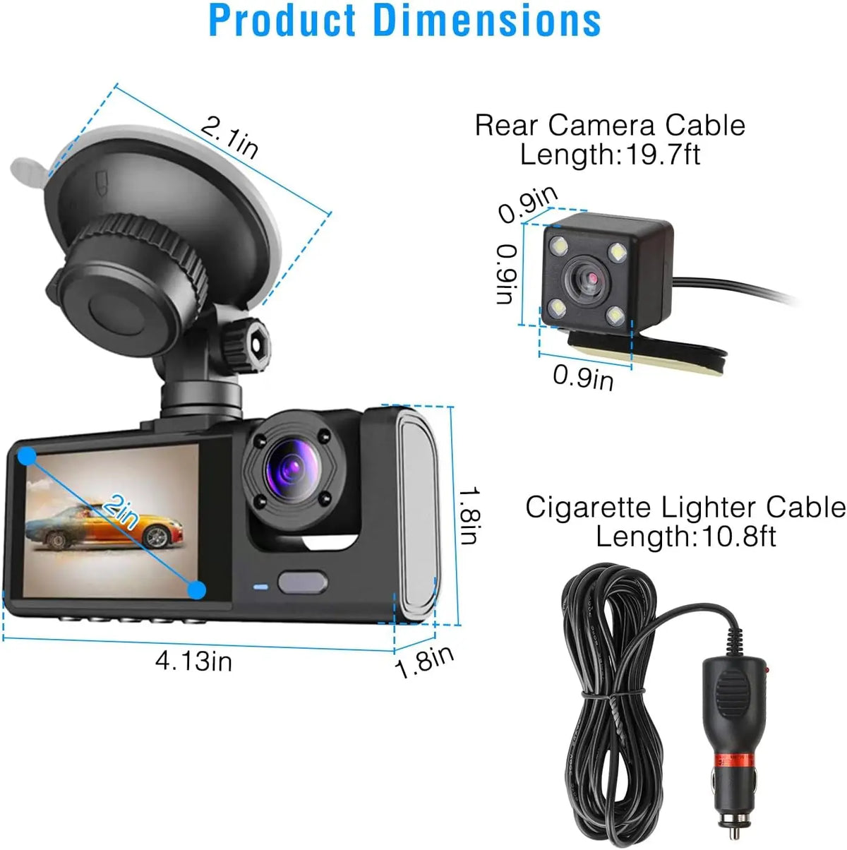 1080P 2/3-Lens WiFi Dash Cam – Front, Rear & Interior, Night Vision, G-Sensor, Loop Recording