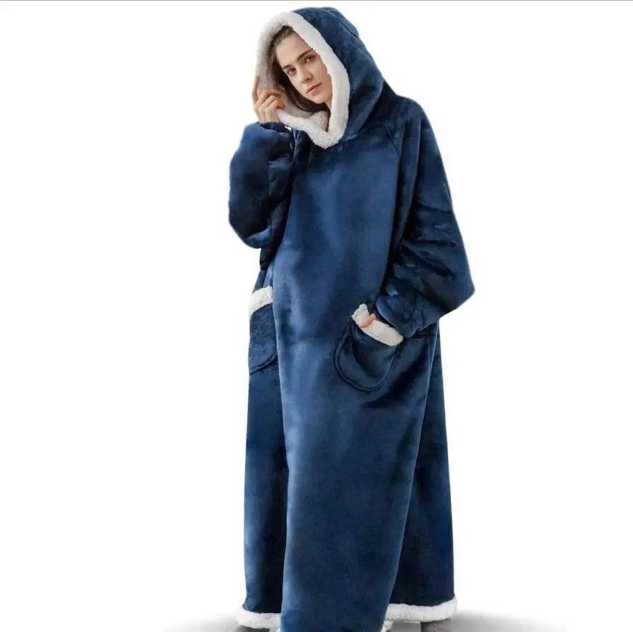 Super Long Flannel Blanket Hoodie – 180cm Oversized Fleece Sweatshirt with Sleeves for Women & Men