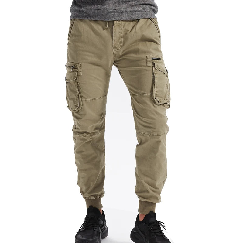 Men's Cotton Cargo Pants — Multi-Pocket Tactical Joggers in Khaki, Black & Army Green
