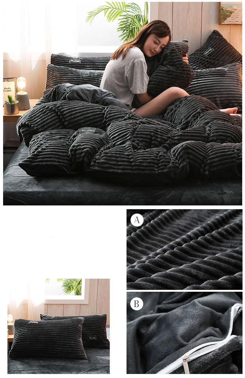 Double-Sided Velvet Duvet Cover Set – Warm Winter 3-Piece Bedding with Zipper & Corner Ties, 11 Colors & 4 Sizes