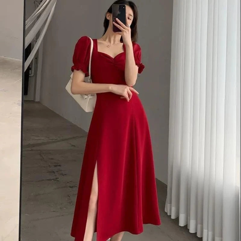 V-Neck Puff Sleeve A-Line Maxi Dress — Side Slit Slim Evening Party Dress