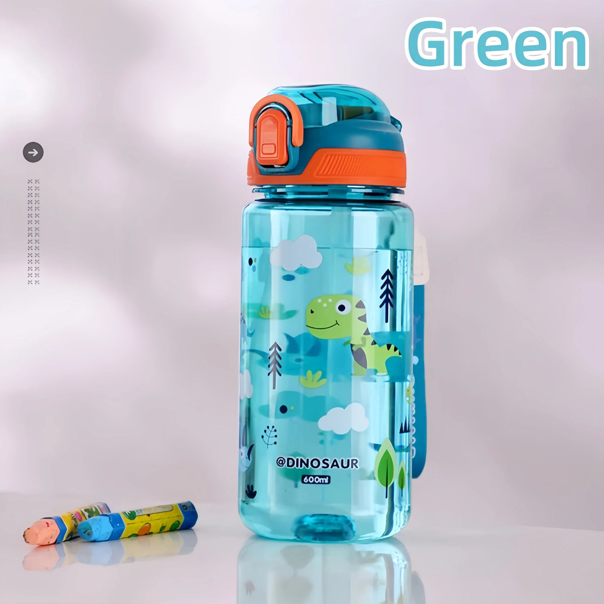 600ml Dinosaur Kids Water Bottle – BPA-Free Silicone Straw Sippy Cup, Leakproof with Carry Rope