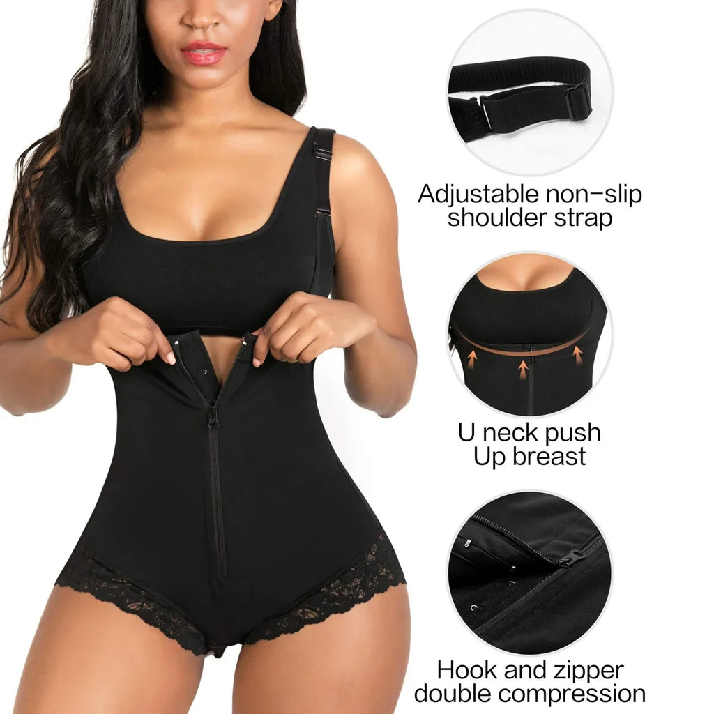 Fitneed Colombian Bodysuit Shaper – Medium Control, Lace Detail, Waist & Tummy, XS–XXXL, Beige & Black