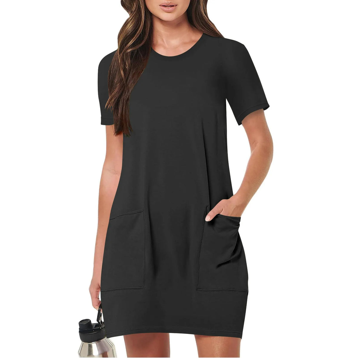 Solid Color Pocket Casual Sports Dress — Short Sleeve O-Neck A-Line Knee-Length Dress
