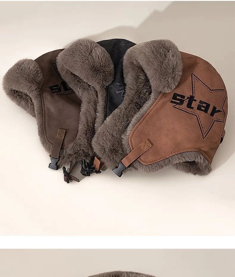 Faux Leather Trapper Hat with Plush Lining and Ear Flaps