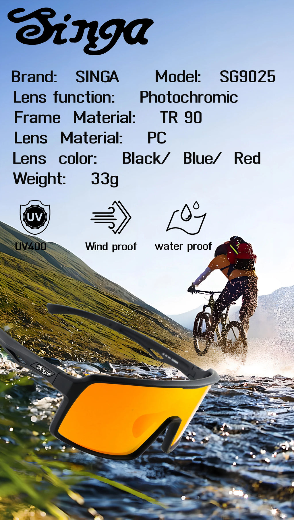 Singa Photochromic Cycling Sunglasses | UV400 Running Bicycle Outdoor Sports Eyewear