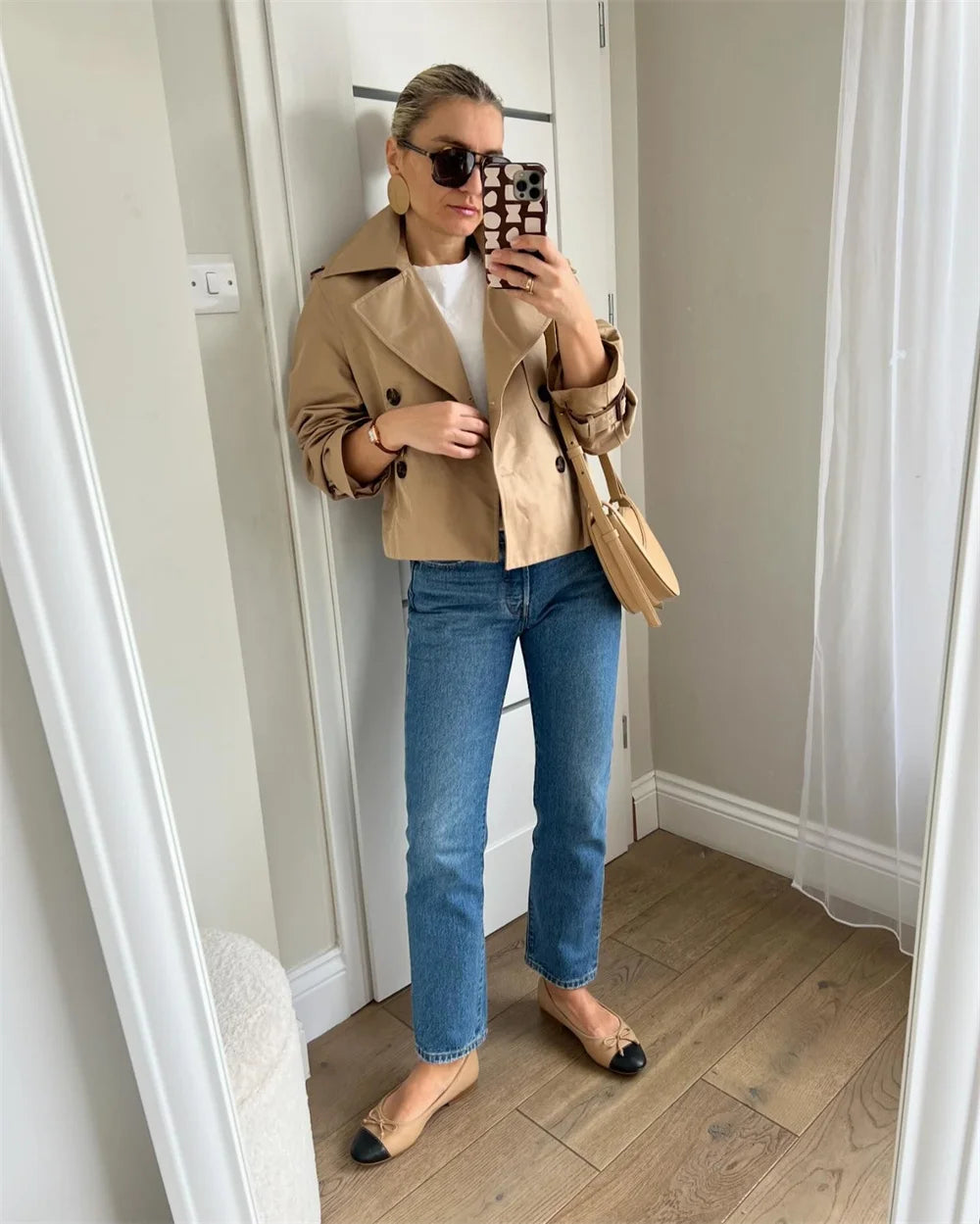 Women's Vintage Cropped Trench Jacket – Double-Breasted High-Waist Streetwear Coat