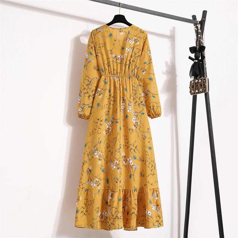 Women Long Dresses Spring Summer Casual Full Sleeve Floral geometry Printed O neck Woman Bohe Beach Party Dress Mujer Vestidos