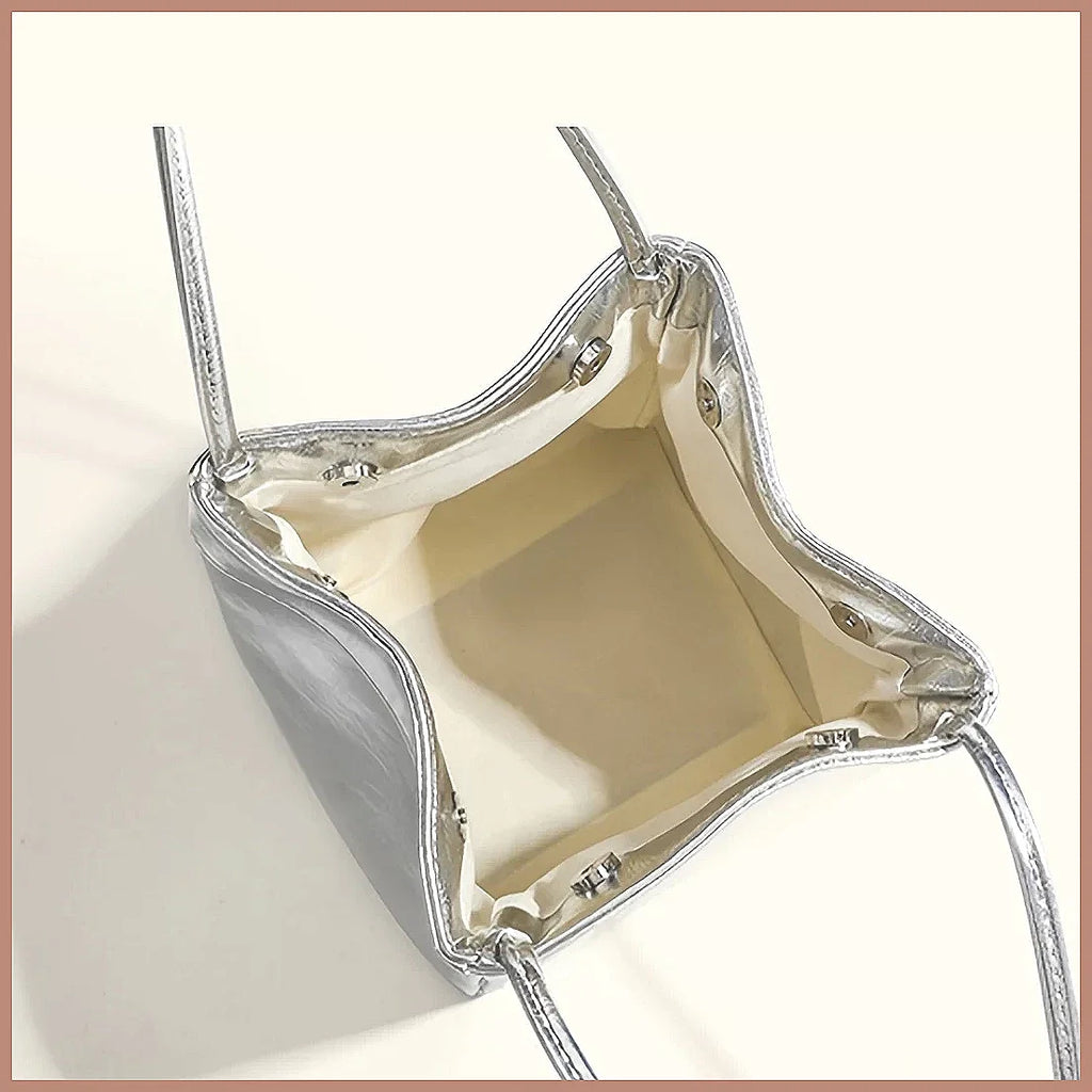 Sparkling Silver Glittery Mini Drawstring Bucket Bag – PU Crossbody Handbag with Wallet for Women