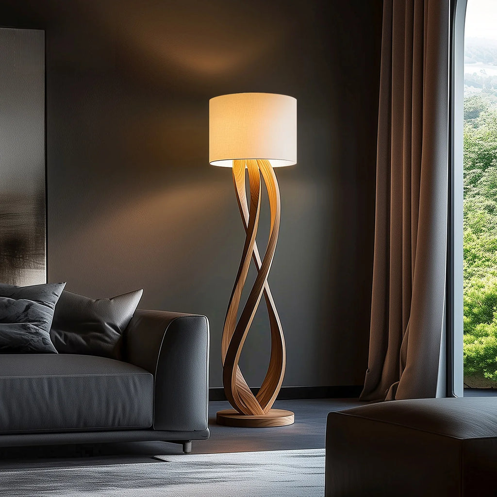 Wood Floor Lamp – Sculpted Base and Fabric Shade