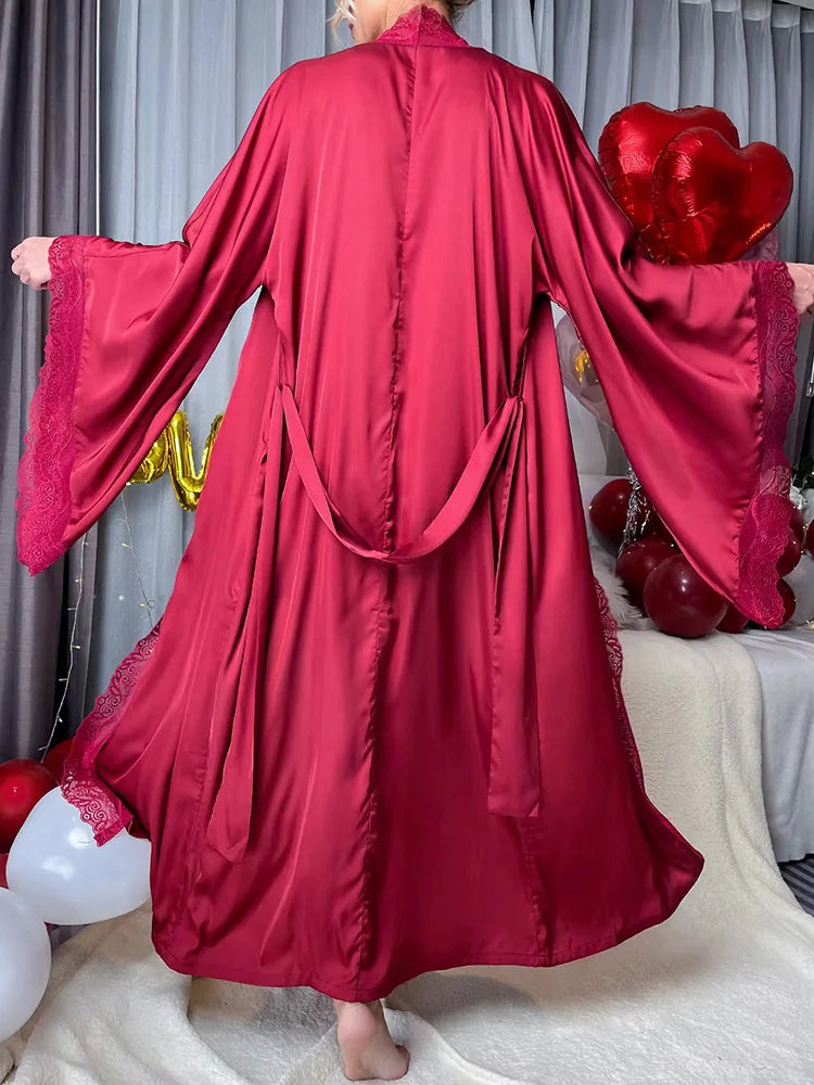 Women's Lace Patchwork Kimono Robe | Flare Sleeve Bridal Wedding Loungewear