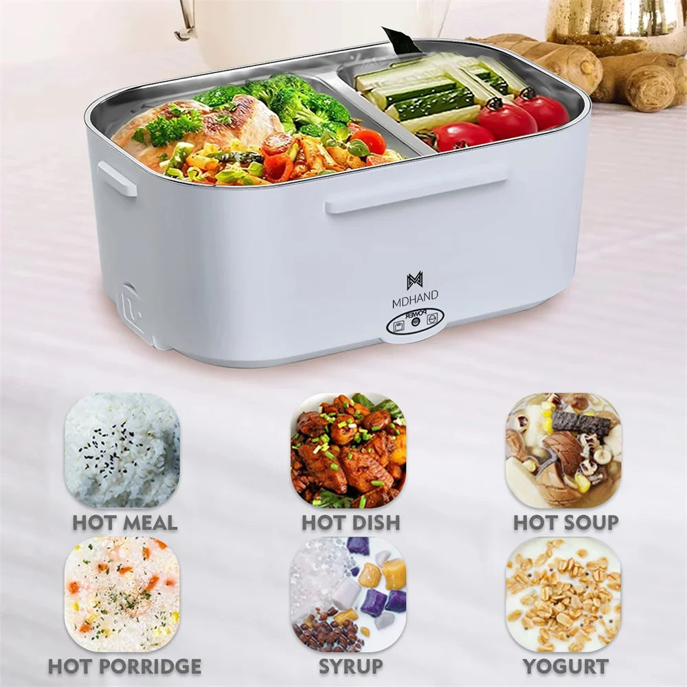 Portable electric hot pot with food compartments on a light background, featuring the brand 'MOKAND'.