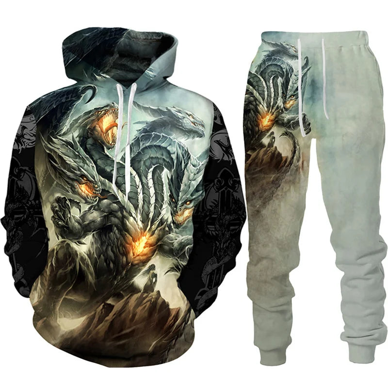 Dragon Print Hoodie Tracksuit Set – Oversized 2-Piece Sweatshirt & Pants