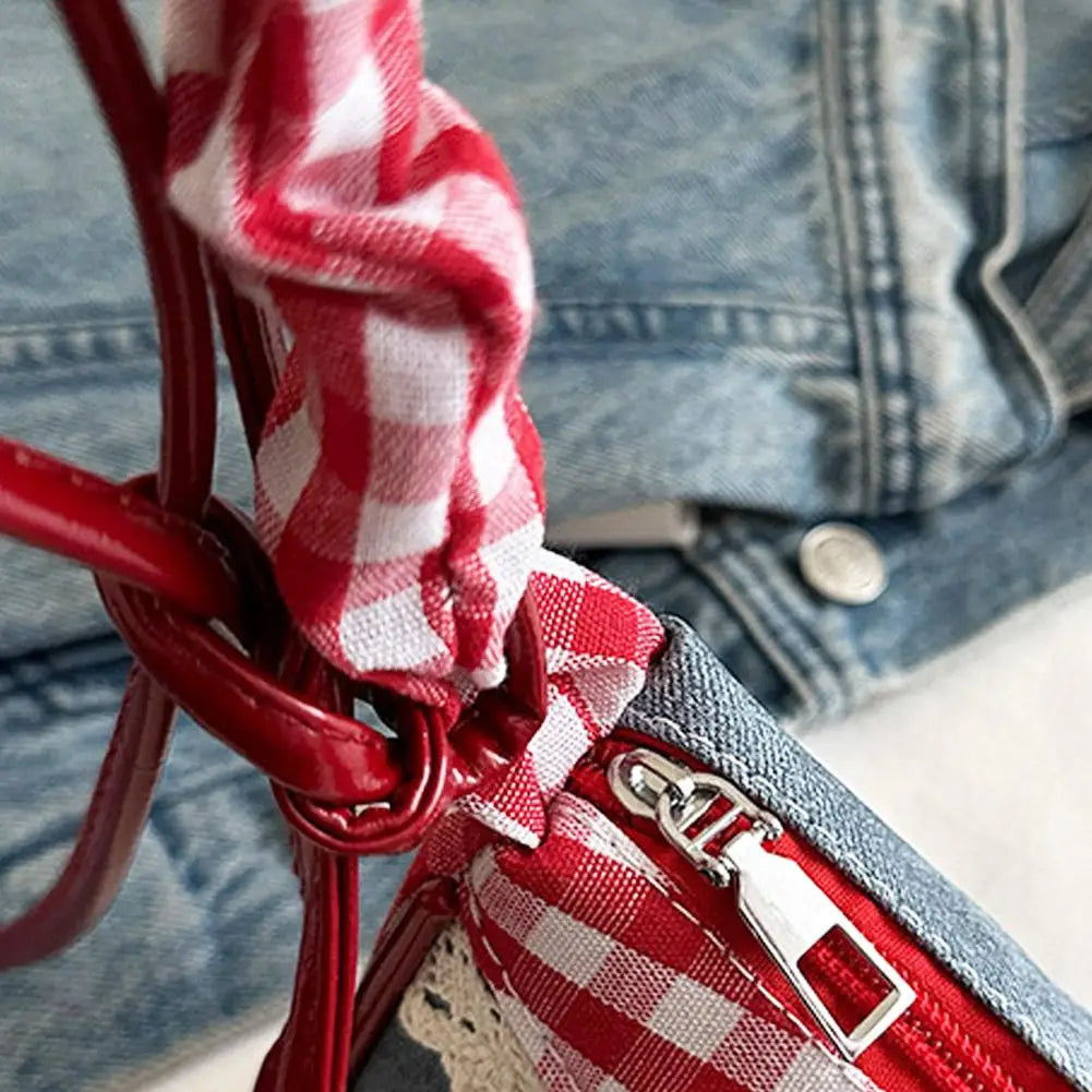 Fashion Grid Lace Ribbon Shoulder Bag – Stretchable Underarm Bag for Daily Commuting & School