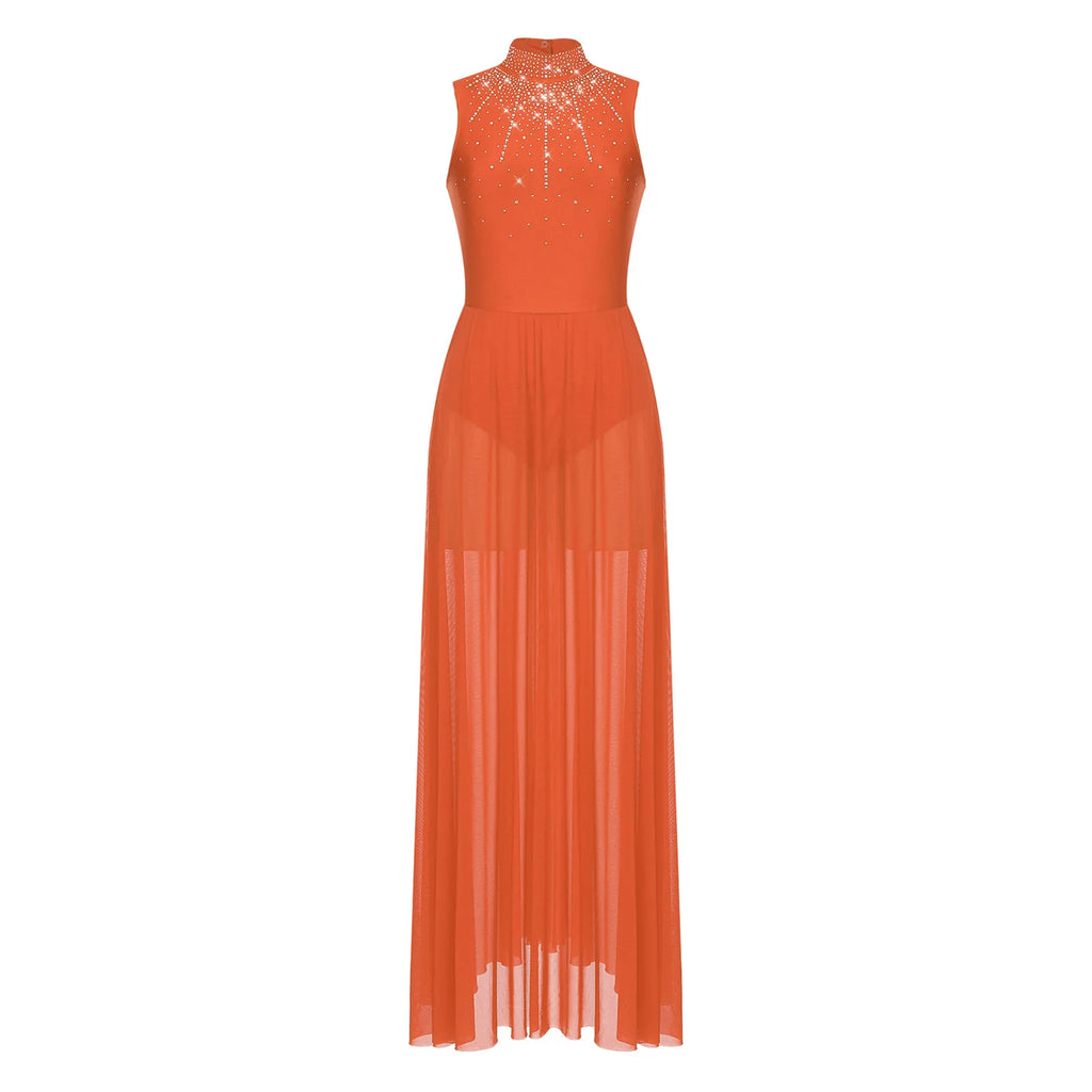 Rhinestone Maxi Sleeveless Contemporary Dance Dress — Mock Neck Wide Hemline Lyrical Leotard