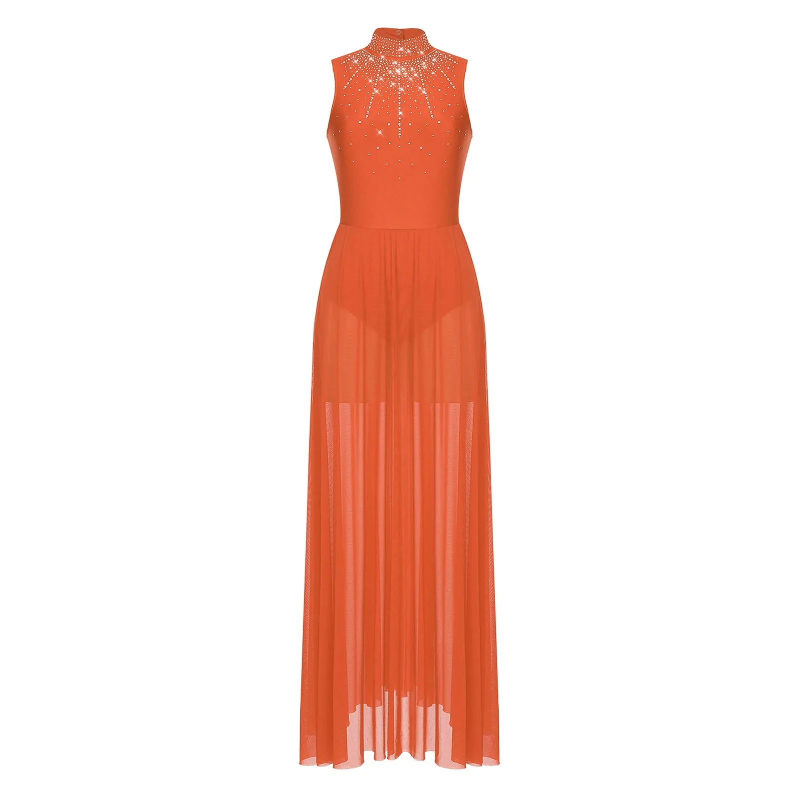 Rhinestone Maxi Sleeveless Contemporary Dance Dress — Mock Neck Wide Hemline Lyrical Leotard