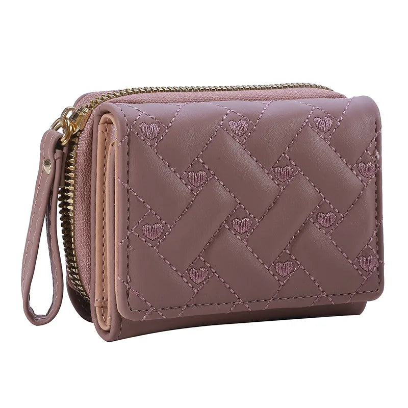Women's Tri-Fold Wallet – Embroidered Love Pattern, Multi-Slot Card Holder