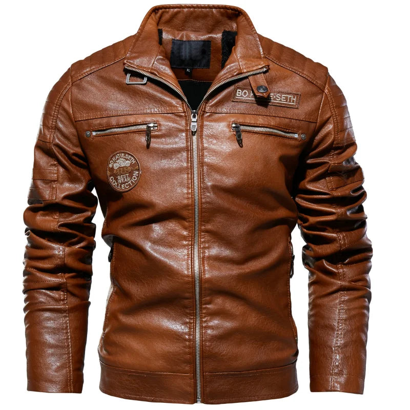 Men's Fleece-Style Faux Leather Jacket – Stand Collar