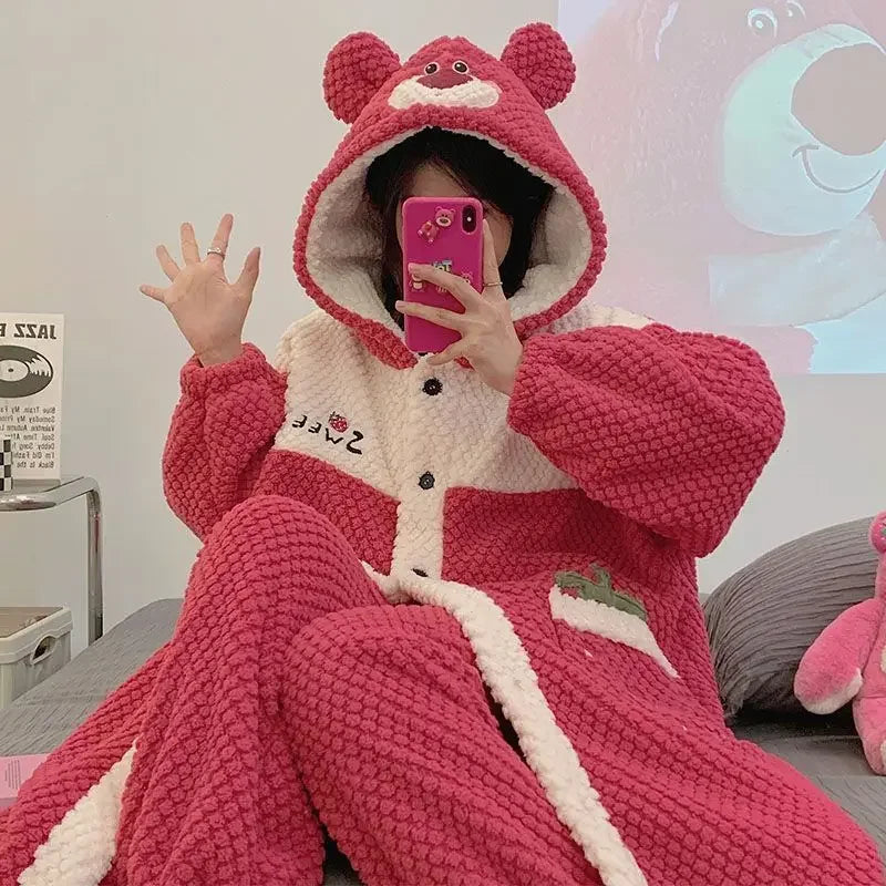 Women's Kawaii Coral Velvet Hooded Pajamas | Thickened Flannel Casual Homewear Suit