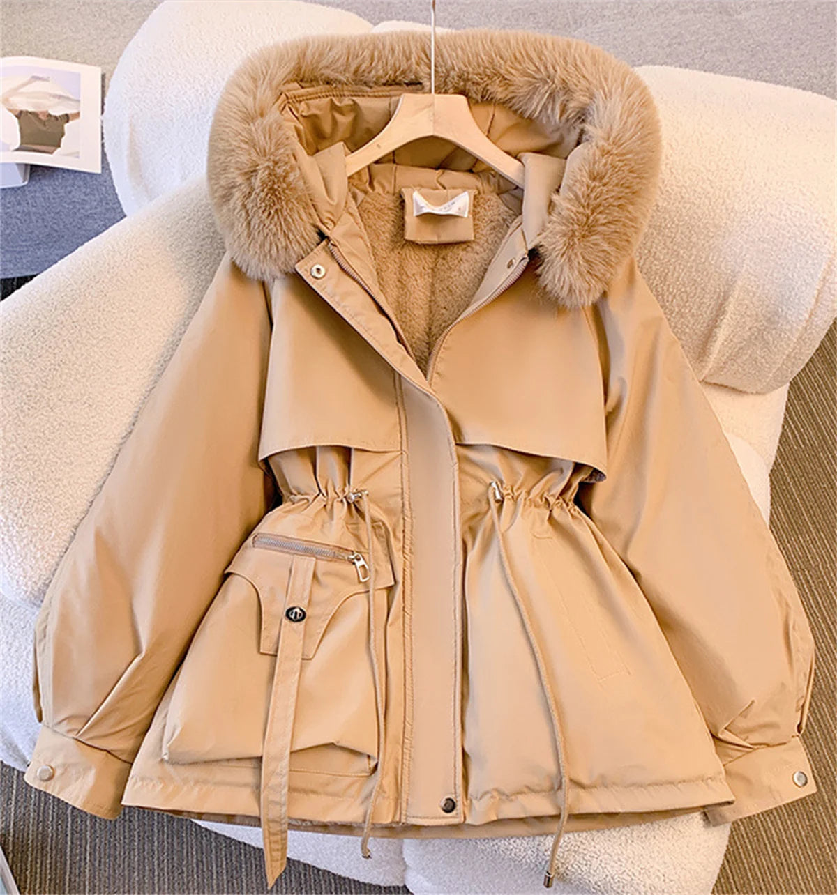 Women's Korean Hooded Padded Parka – Thick Zip-Up Drawstring Winter Coat