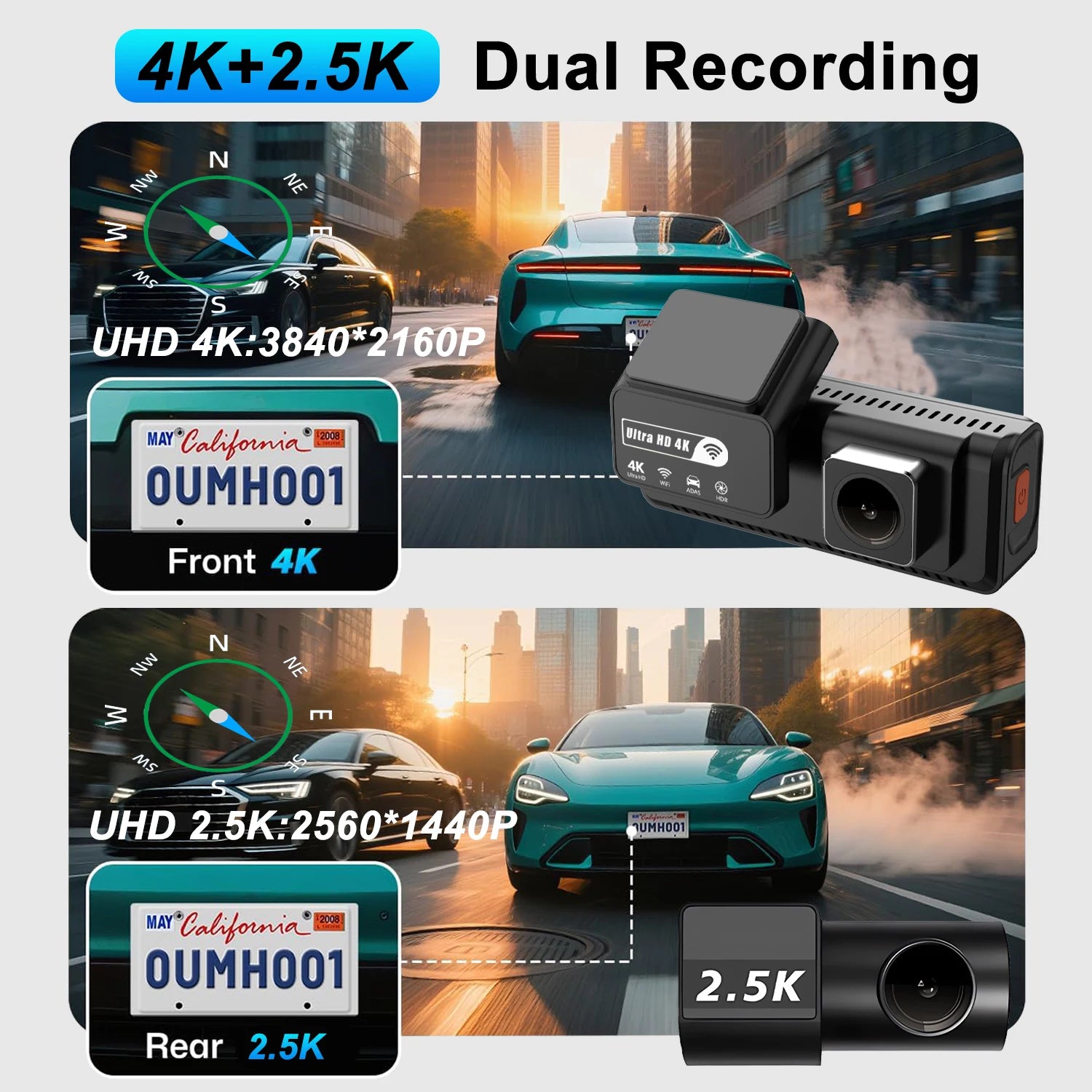 ADAS 4K+2.5K Dash Cam – GPS, WiFi, 24H Night Vision, Optional Rear Lens, Mini Car DVR